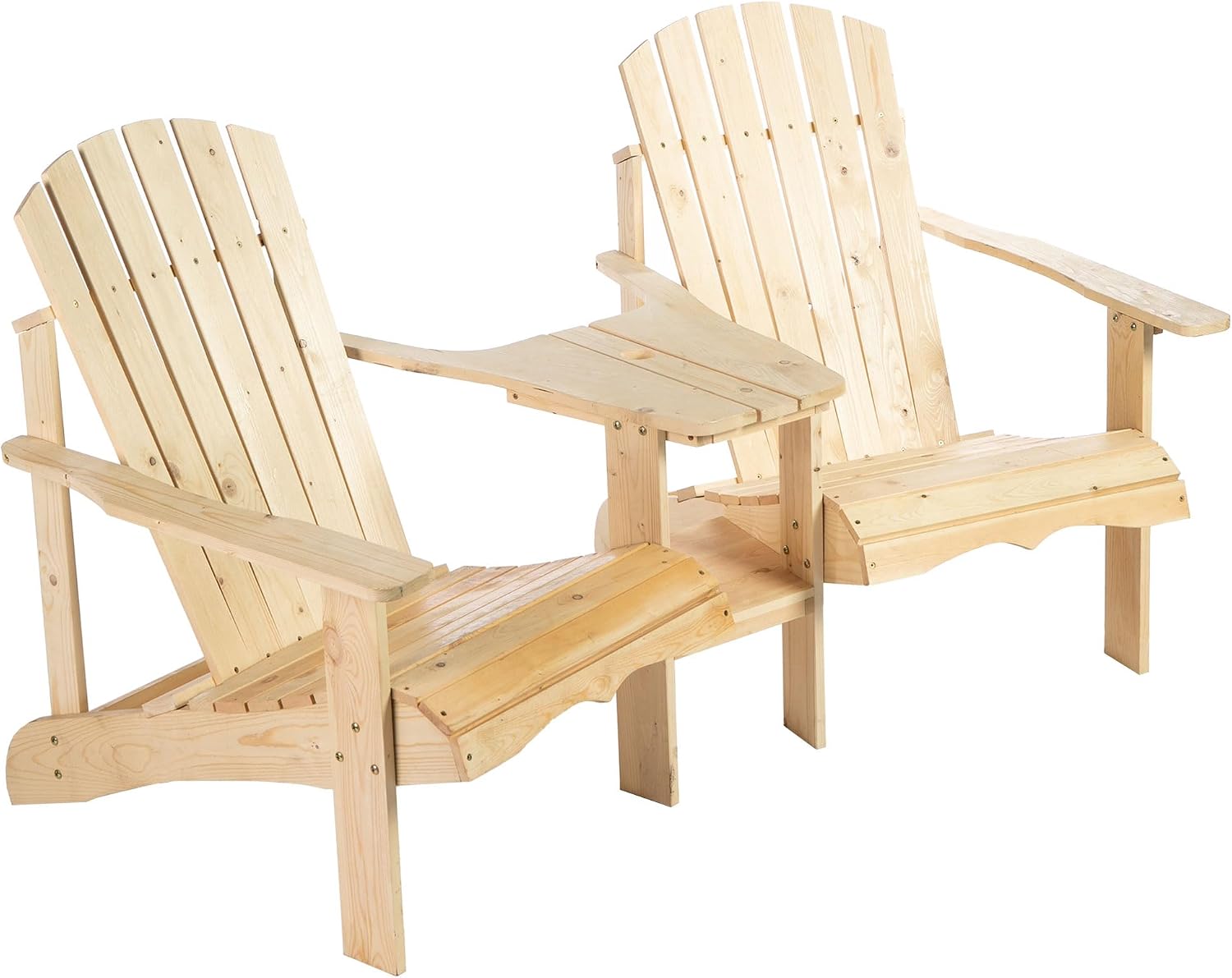 Adirondack Chair Set, 2 Wooden Outdoor Chairs with Center Table and Umbrella Hole, 2 Person Adirondack Bench Fire Pit Seating for Patio Backyard Garden, Natural