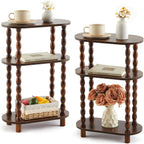 Narrow Side Table Set of 2, 3 Tier Skinny End Table for Small Space 15.7" L x 23.3" H Oval Wood Nightstand with Spindle Leg and Open Shelve, Slim Sofa Couch Accent Stand for Living Room Bedroom, Brown