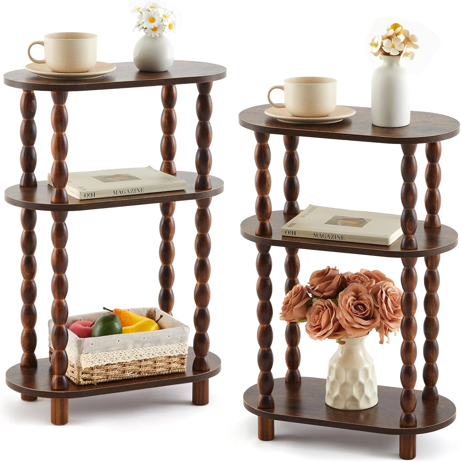 Narrow Side Table Set of 2, 3 Tier Skinny End Table for Small Space 15.7" L x 23.3" H Oval Wood Nightstand with Spindle Leg and Open Shelve, Slim Sofa Couch Accent Stand for Living Room Bedroom, Brown
