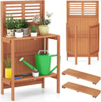 Garden Potting Bench Table, Folding Potting Bench Outdoor Workstation with Trellis & 2-Tier Shelves, Wood Potting Table for Outdoor, Deck, Balcony, Garden, Backyard