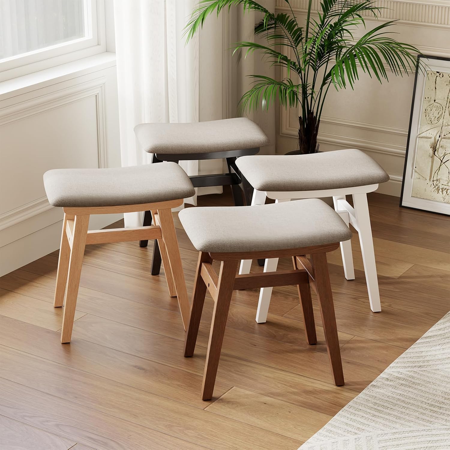 Solid Wood Small Vanity Stool Chair, Makeup Stools for Vanity Desk, Bathroom Vanity Chair, Padded Foot Stool for Living Room, Ottoman Foot Rest for Couch, Small Bench for Entryway, Walnut