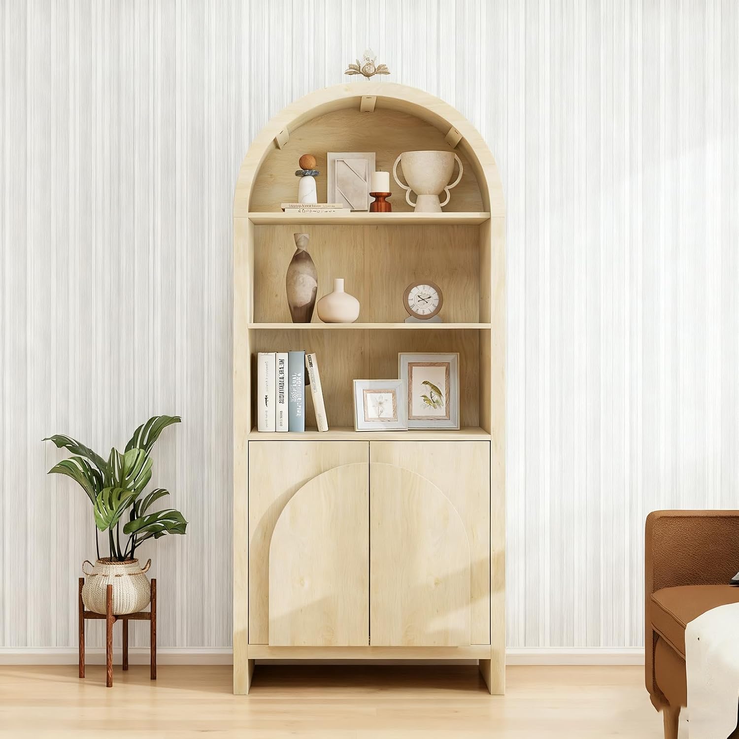Arched Kitchen Pantry Storage Cabinet w/Adjustable Shelves, 2 Doors, 70.2" Tall Freestanding Cupboard for Kitchen/Dining Room/Living Room, Natural B