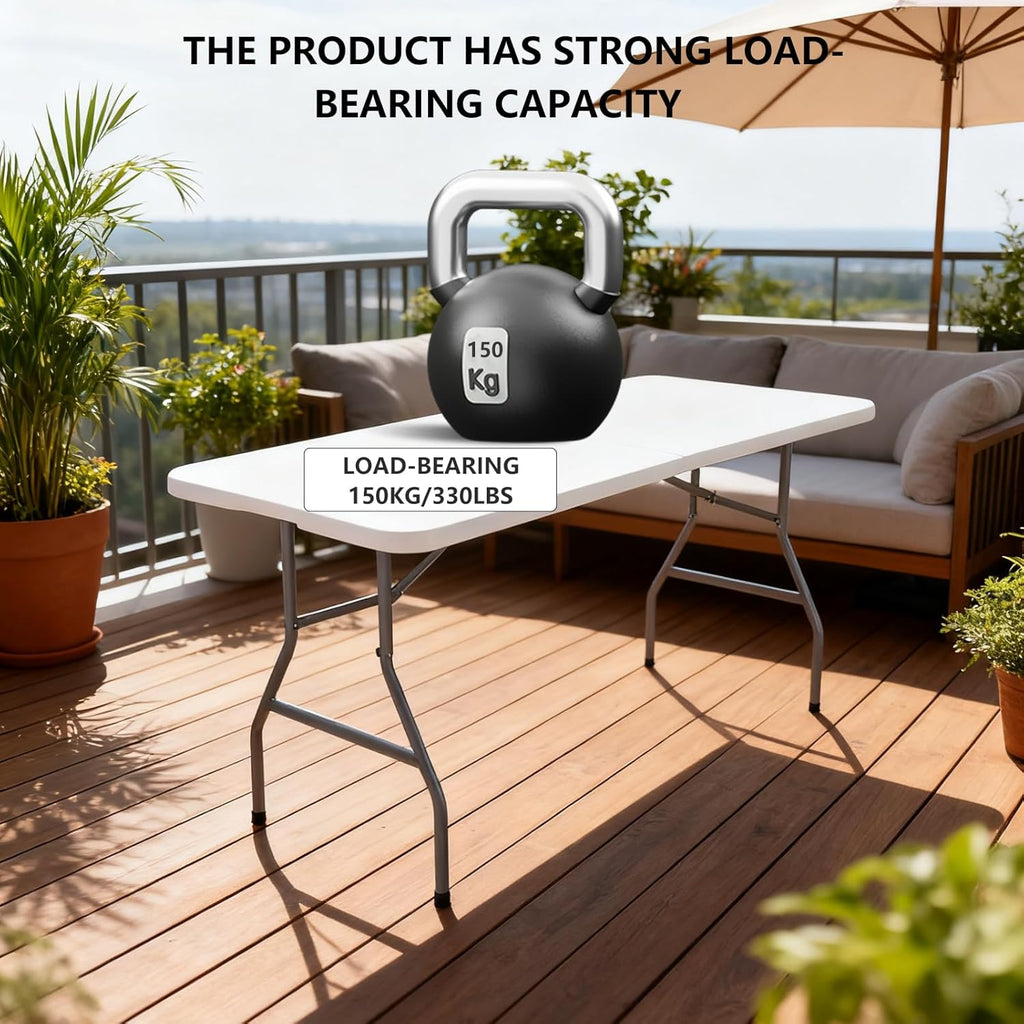 6 Feet Folding Table,Portable Plastic Foldable Table with Steel Legs&Carrying Handle for Party,Dining,Indoor/Outdoor Picnic, Camping,Weddings,Garden Dining(White-70" *28")