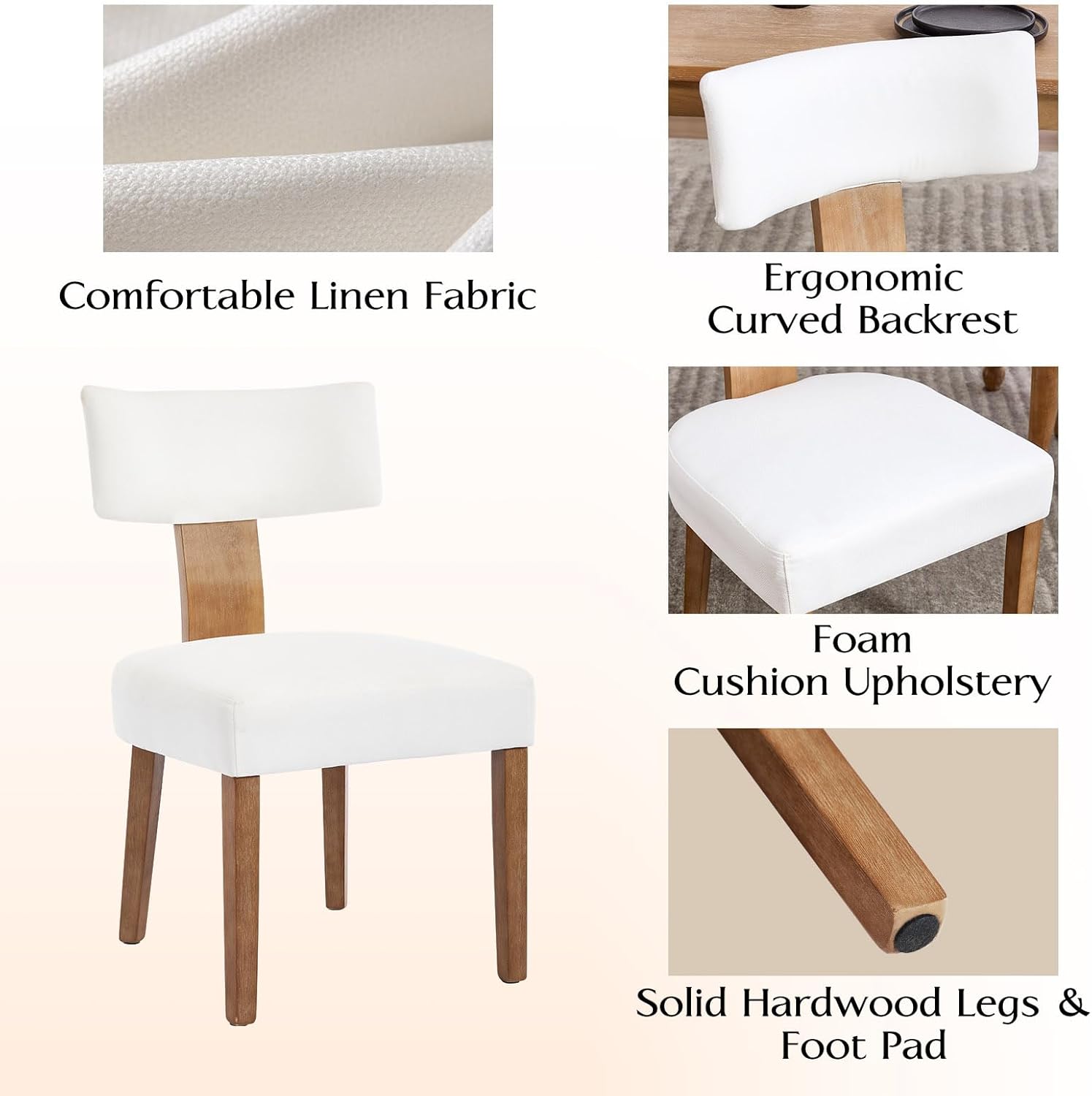 Upholstered Dining Chairs Set of 2, Mid Century Modern Linen Dining Chairs, Armless Side Chairs with Curved Back and Wood Legs for Kitchen, Dining Room, Living Room, Cream