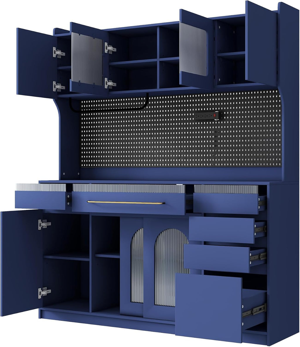 SOFTSEA Tall Kitchen Pantry with Hutch and 6 Drawers, Large Coffee Bar Storage Cabinet with 5 Doors & Adjustable Shelves, Pantry Organizer with Pegboard and Power Outlet, for Dining Room, Blue