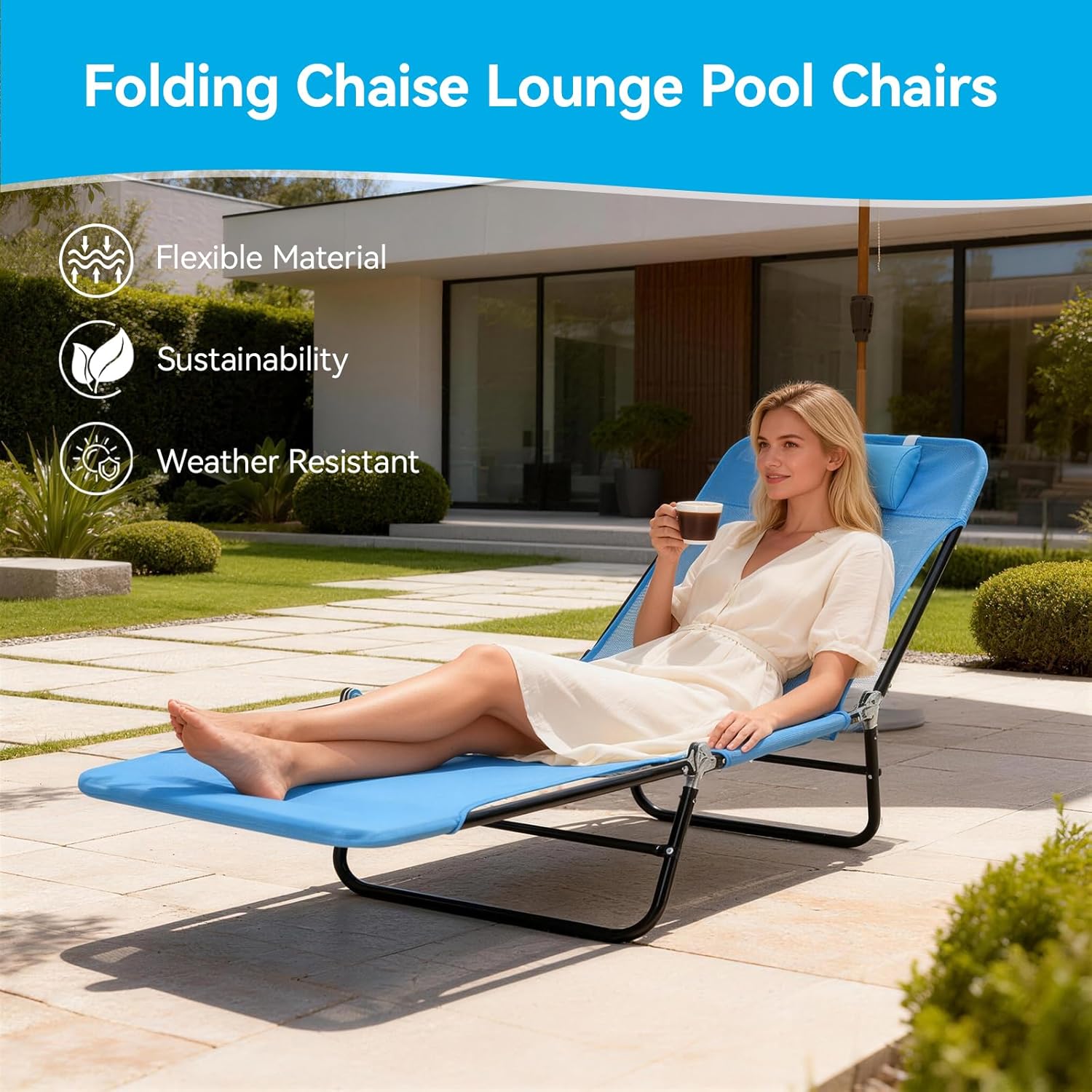 Outdoor Chaise Lounge with Detachable Pillow, Reclining Folding Chair with 5-Position Adjustable Back, Portable Tanning Chair for Beach, Pool, Lawn, Breathable Mesh Seat, No Assembly