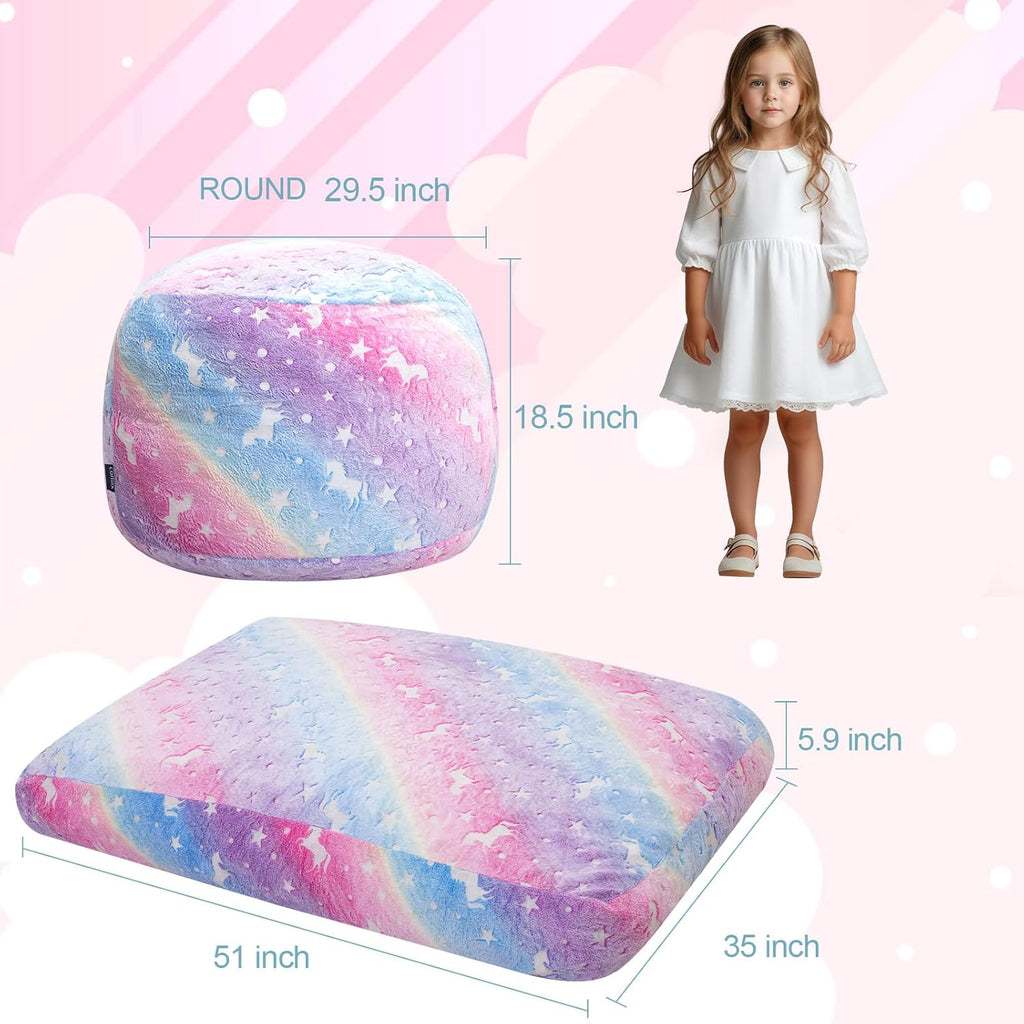COMAX Bean Bag Chair for Kids, Toddler Beanbag Bed Unicorn, Convertible Children Bean Chair to Floor Mattress with Filler, Stuffed Child Bean Bags for Girl Boy Sleeping, Colorful Rainbow