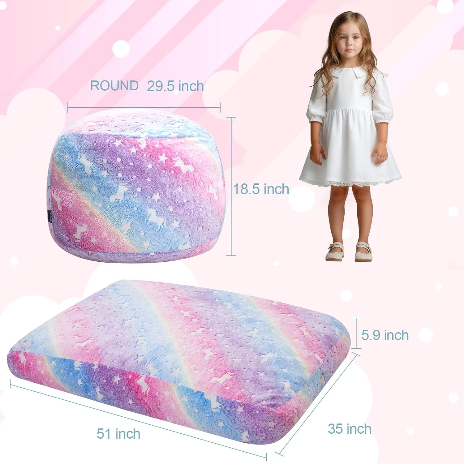COMAX Bean Bag Chair for Kids, Toddler Beanbag Bed Unicorn, Convertible Children Bean Chair to Floor Mattress with Filler, Stuffed Child Bean Bags for Girl Boy Sleeping, Colorful Rainbow