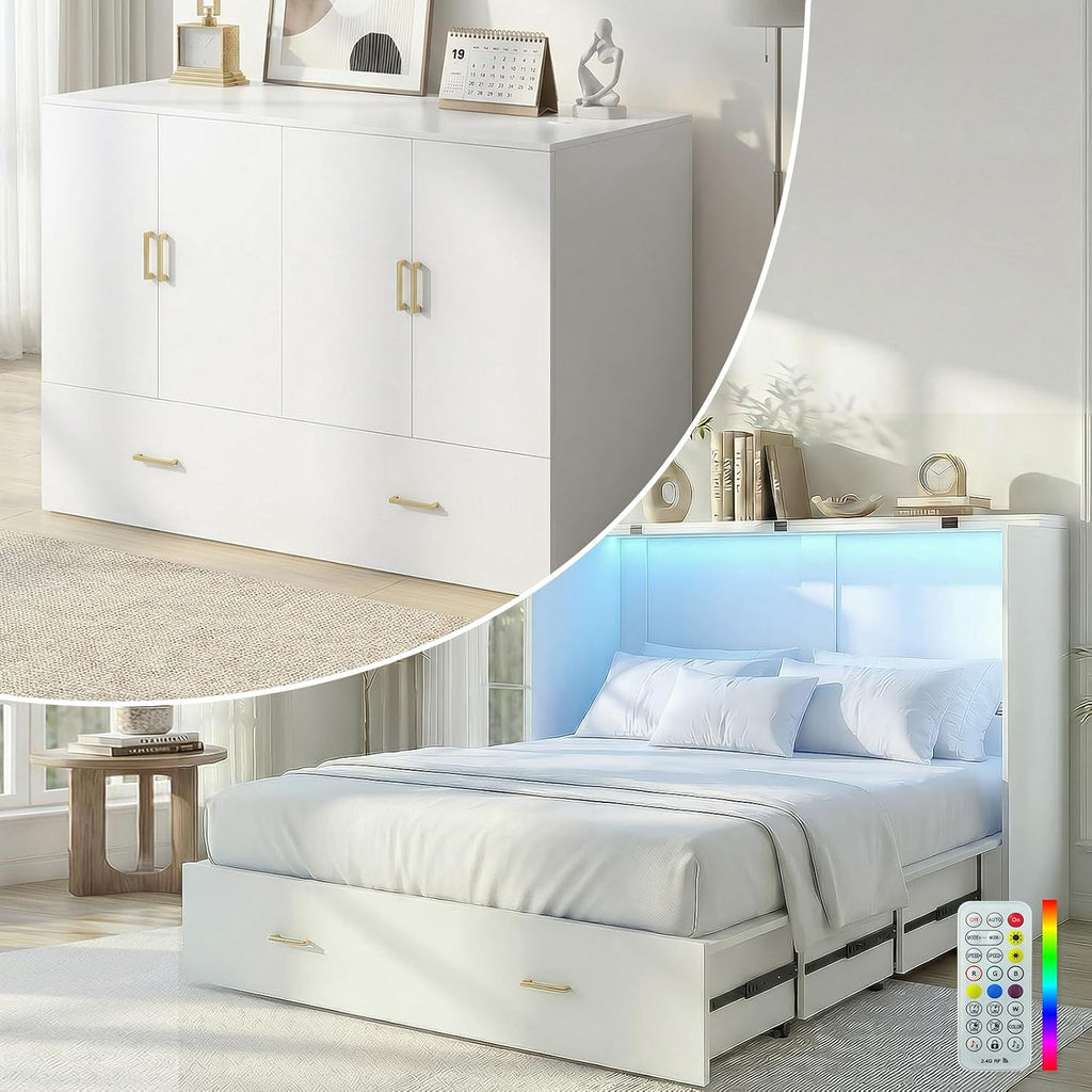 Mjkone 63.4" Width Queen Size Murphy Bed Cabinet with Tri-Folding Mattress Included, Storage Cabinet Murphy Guest Bed Chest Cabinets with 16 Colors of LED Lights for Home Offices Small Space, White