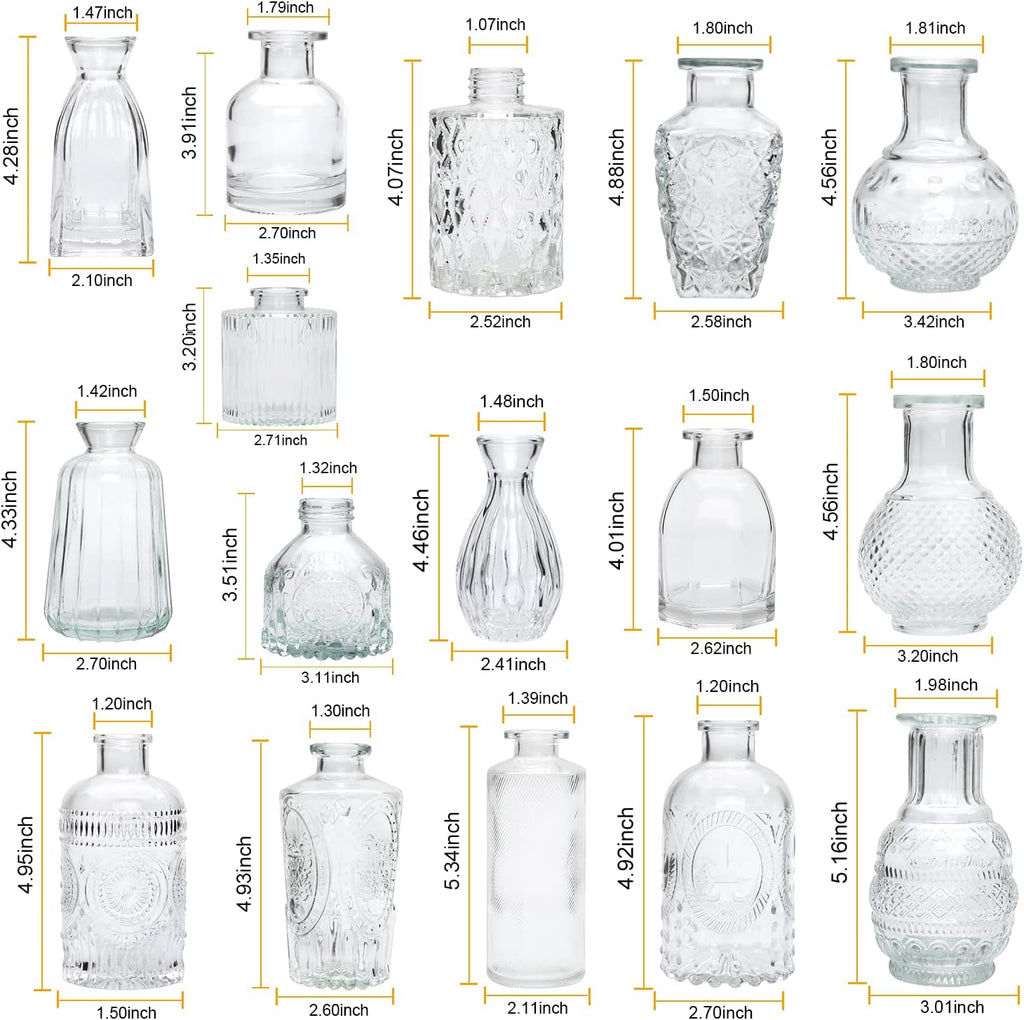 Glass Bud Vases Set of 32,Small Flower Vases for Wedding Centerpiece Table Decorations,Clear Vintage Embossed Mini vases,Flower Arrangements in Vases for Party or Home Decor
