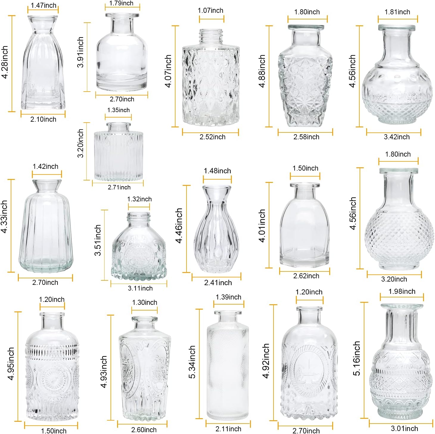 Glass Bud Vases Set of 32,Small Flower Vases for Wedding Centerpiece Table Decorations,Clear Vintage Embossed Mini vases,Flower Arrangements in Vases for Party or Home Decor