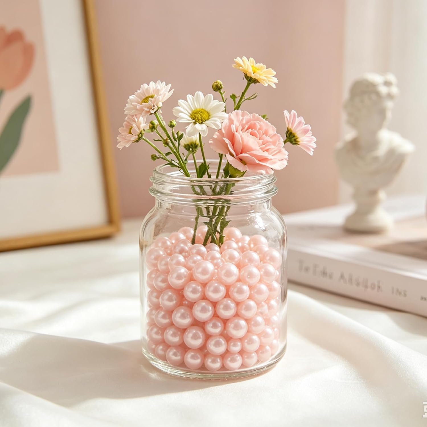 1000Pcs 8mm 0.3inch Pink Vase Filler Pearl Beads for Centerpiece, No Hole Artificial ABS Pearls for Table Decor, Colorful Beads in Bulk for Crafting and Wedding Party Decoration