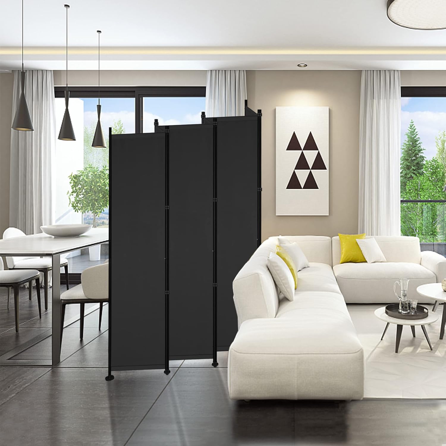 MAYOLIAH 6 Panel Room Dividers Folding Privacy Screen, 10ft Wide 6ft Tall Partition Office Walls Separator with Small Base, Black