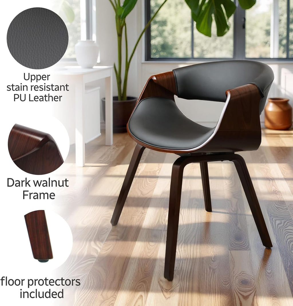 Fohfurniture Set of 2 Elegant Wide Bentwood Dining Chairs for Home Office, Upholstery Modern PU Leather Kitchen Chairs for Living Room, Study, and Dining Room (Set of 2, Black)