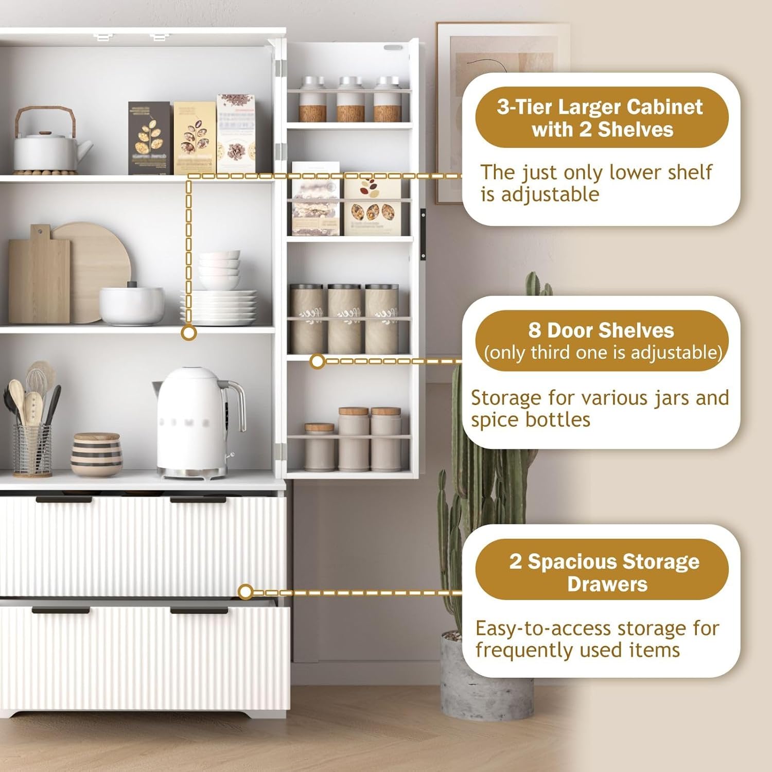 72" Fluted Kitchen Pantry Cabinet, Modern Storage Organizer with 2 Spacious Drawers & 8-Door Spice Racks, Freestanding MDF Cabinet for Kitchen, Bathroom