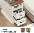 HOMMPA Narrow Side Table with Charging Station, 23.6'' W Farmhouse End Table with Open Shelf & Storage Drawers for Sofa Couch, Slim Rustic Sofa Side Table for Small Space, Living Room, Rustic White