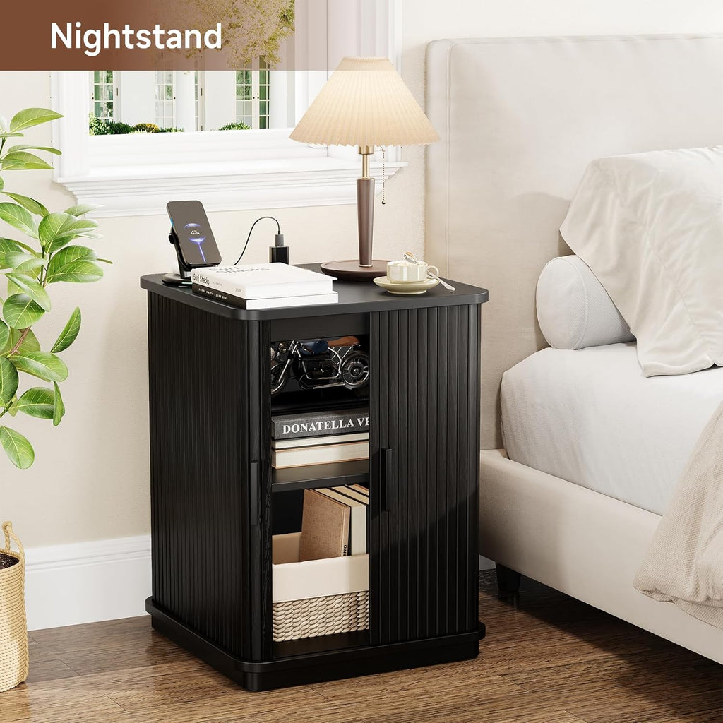 ONBRILL Square End Table with Storage & Charging Station, Fluted Accent Side Table with Sliding Door & Sturdy Pedestal, Mid-Century Modern Nightstand for Small Space, Living Room, Bedroom, Black