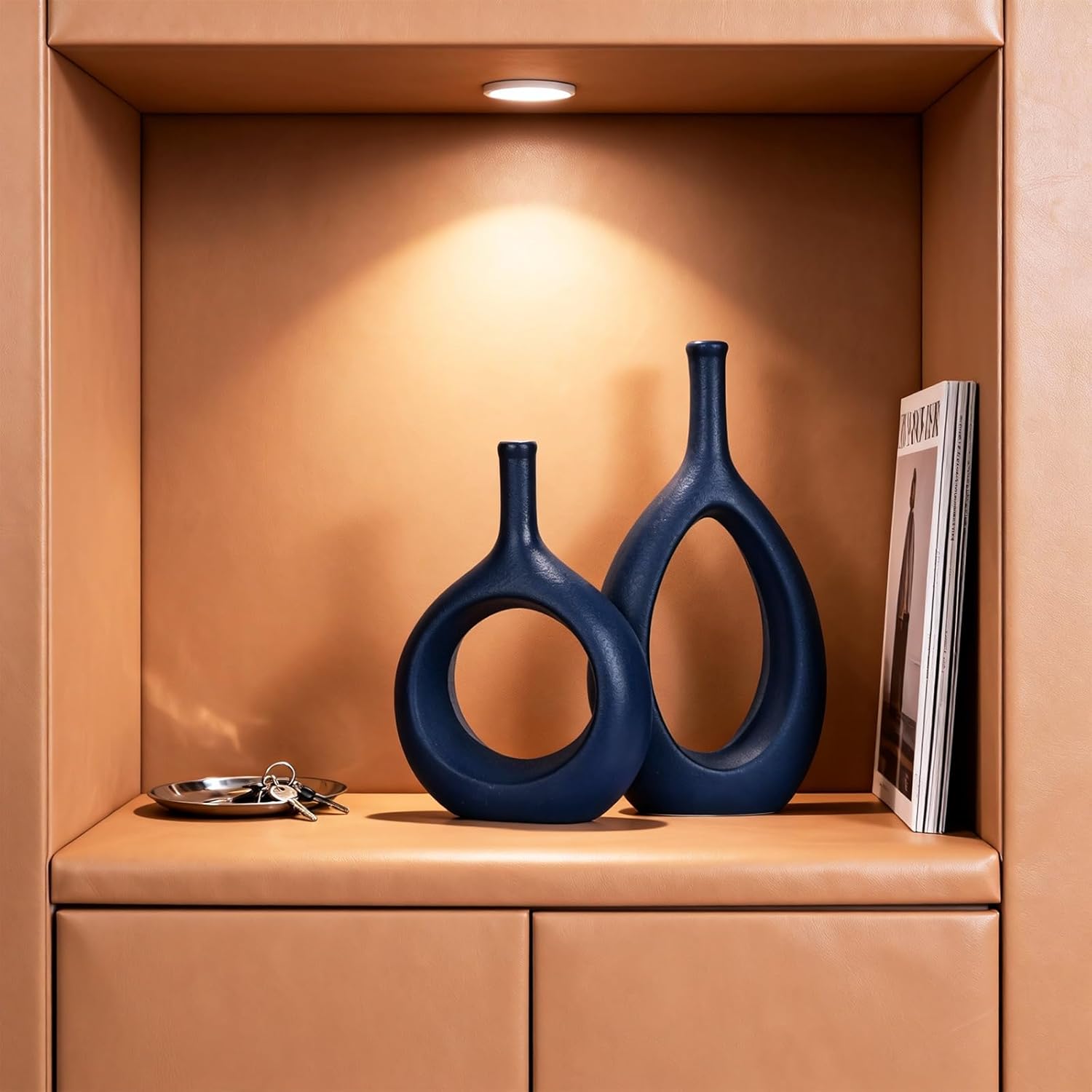 Navy Blue Ceramic Hollow Elliptical Vase Set of 2 - Boho Circle Vase with Hole, for Modern Navy Blue Table Decor, Living Room Decor Shelf mid Century Modern Home Entrance Decorative vase