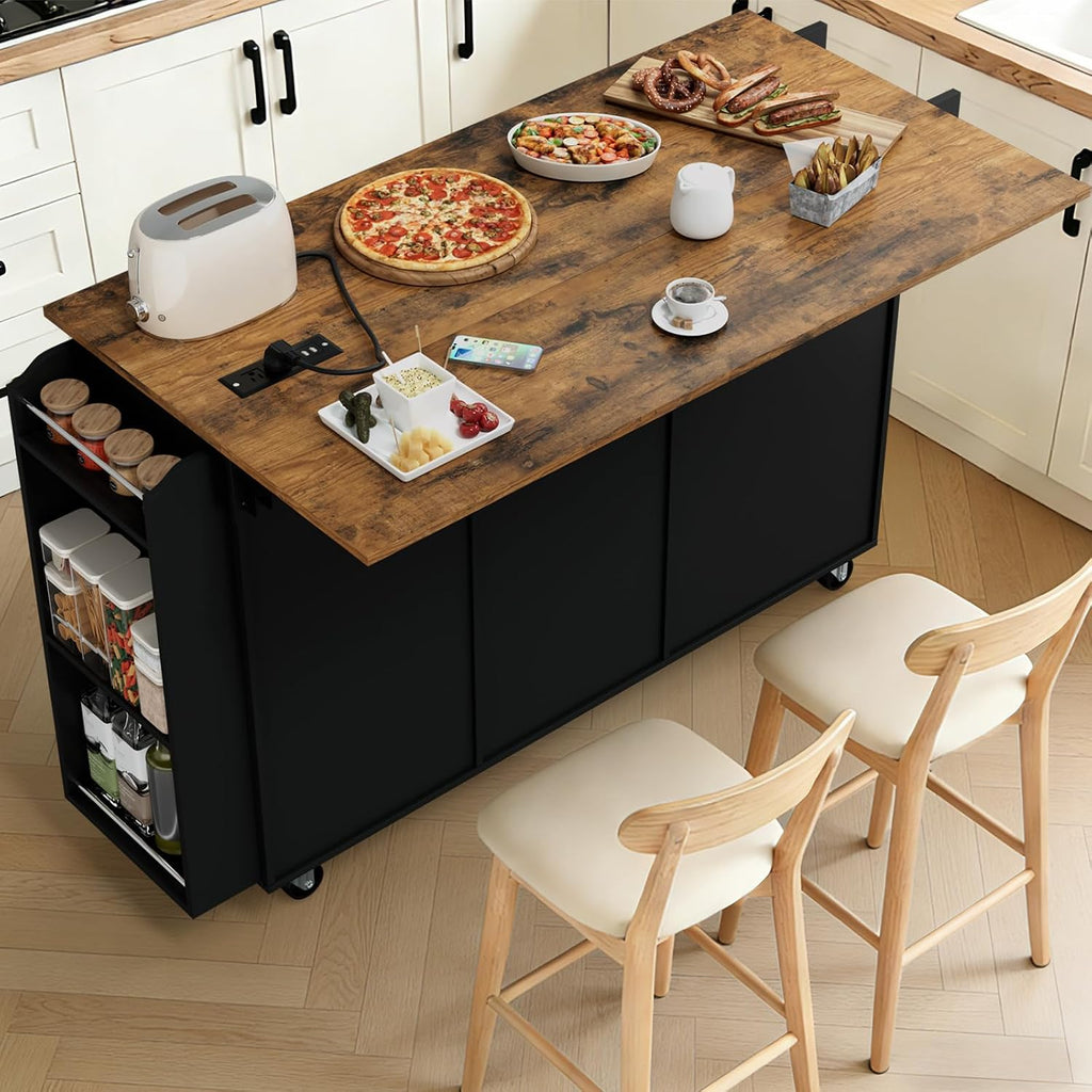 60" Kitchen Island with Folding Drop Leaf & Power Outlet-Rolling Kitchen Island with Spice Rack,Towel Rack, 2 Drawers-Island Table for Kitchen with Trash Storage Cabinet,Black