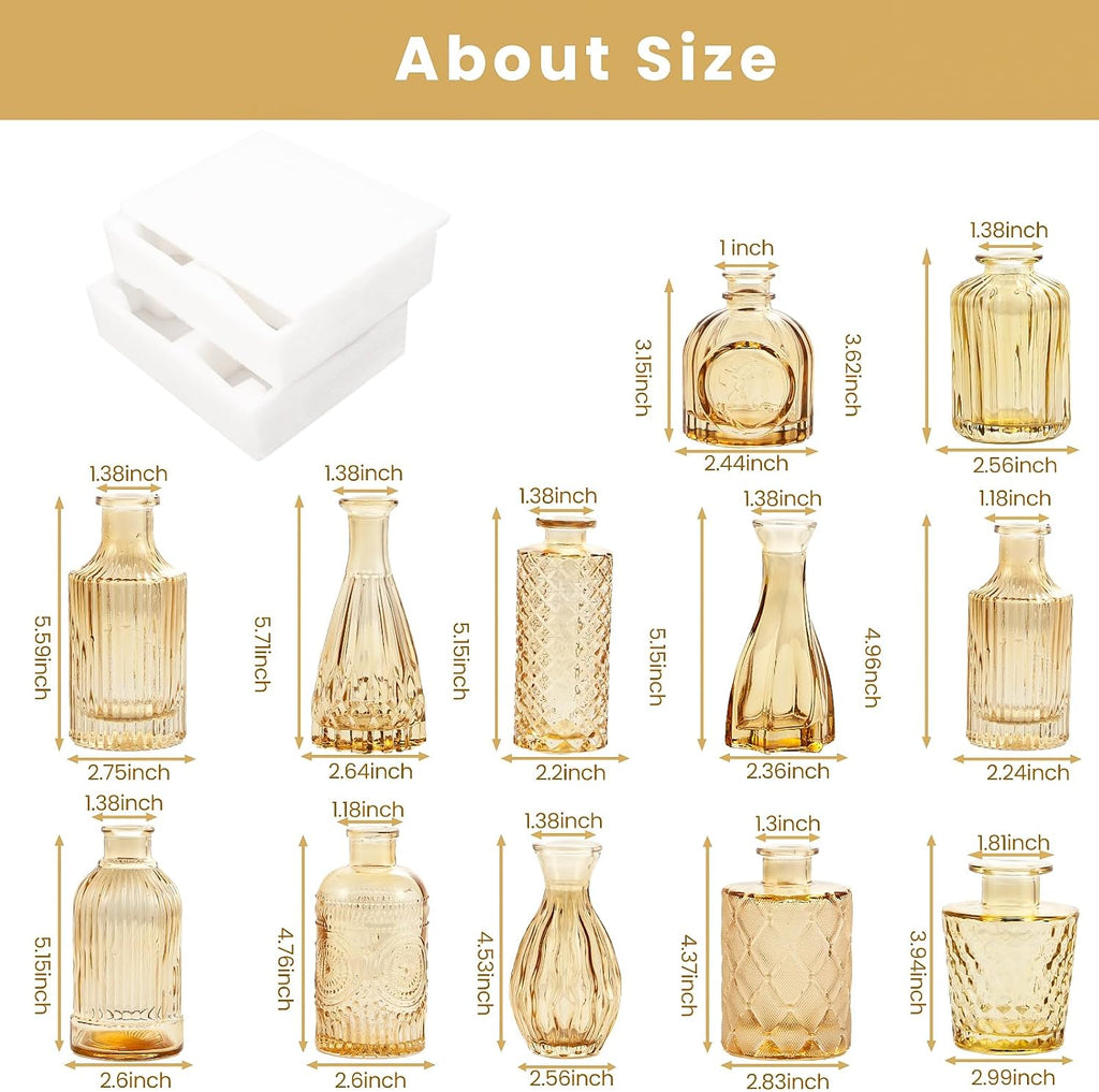 TBWIND Gold Amber Glass Bud Vases Set of 12, Small Vases for Flowers, Champagne Mini Vintage Vases for Centerpieces,Bud Vase in Bulk for Wedding Decor,Single Flowers,Office and Home Table Flower Décor