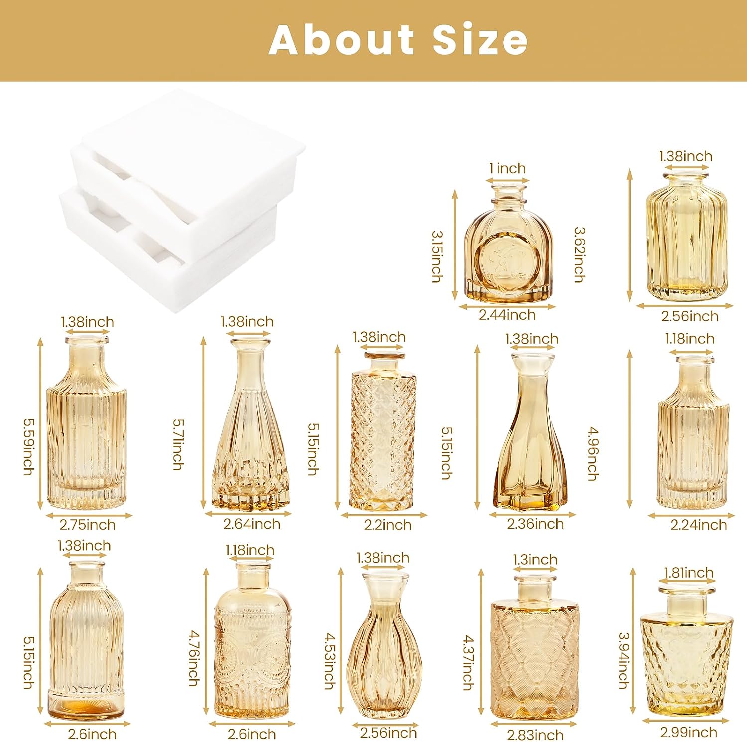 TBWIND Gold Amber Glass Bud Vases Set of 12, Small Vases for Flowers, Champagne Mini Vintage Vases for Centerpieces,Bud Vase in Bulk for Wedding Decor,Single Flowers,Office and Home Table Flower Décor