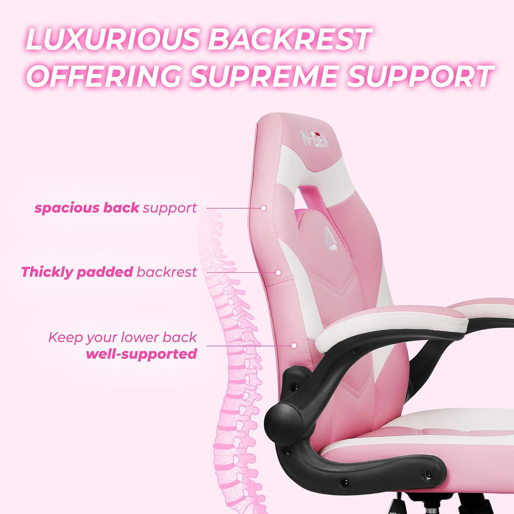 N-GEN GAMING Video Gaming Chair Ergonomic Office Desk Chair with Lumbar Support Adjustable Height Padded Flip Up Arms and Swivel Wheels Racing Style Design for Adults with PU Leather (Pink)