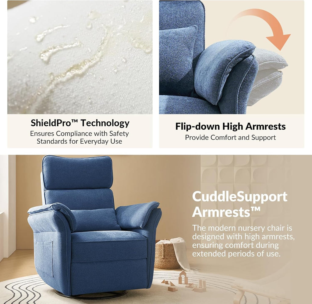 Modern Power Swivel Rocker Recliner Chair with USB Port and Storage Bags, Nursery Glider Recliner with Adjustable Headrest and Armrests, , GREENGARD, FSC, CertiPUR-US® Certified, White