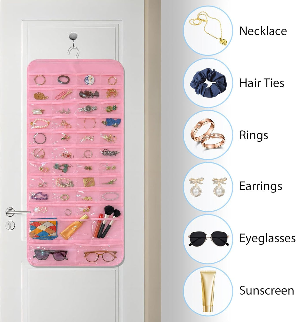 Bloss Pinck Hanging Jewelry Organizer With 90 Pockets for Closet, Earring Holder Organizer Storage, Over The Door Jewelry Organizer, Double-Sided Jewelry Holder for Earrings,Necklaces,Rings