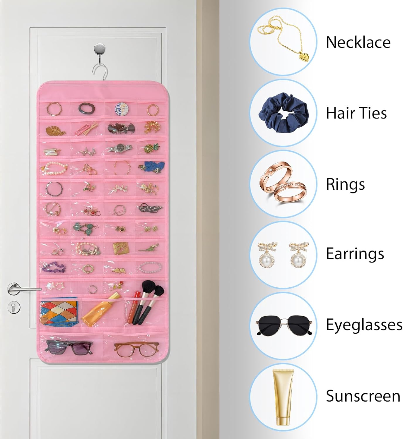 Bloss Pinck Hanging Jewelry Organizer With 90 Pockets for Closet, Earring Holder Organizer Storage, Over The Door Jewelry Organizer, Double-Sided Jewelry Holder for Earrings,Necklaces,Rings