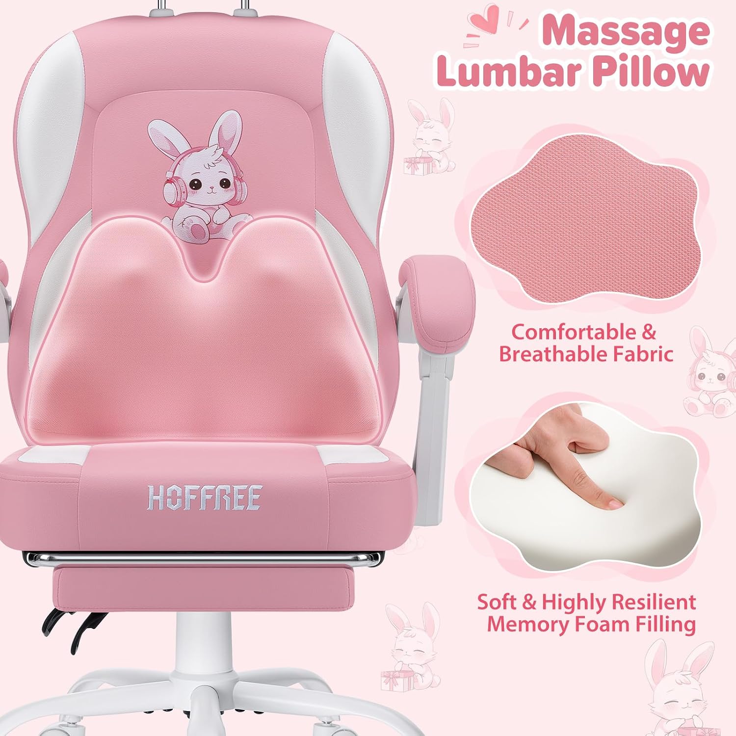 HOFFREE Kids Computer Gaming Chair for Girl with Cute Bunny Massage Lumbar Pillow Kids Pink Desk Office Chair with Adjustable Headrest and Footrest for Teen Girls