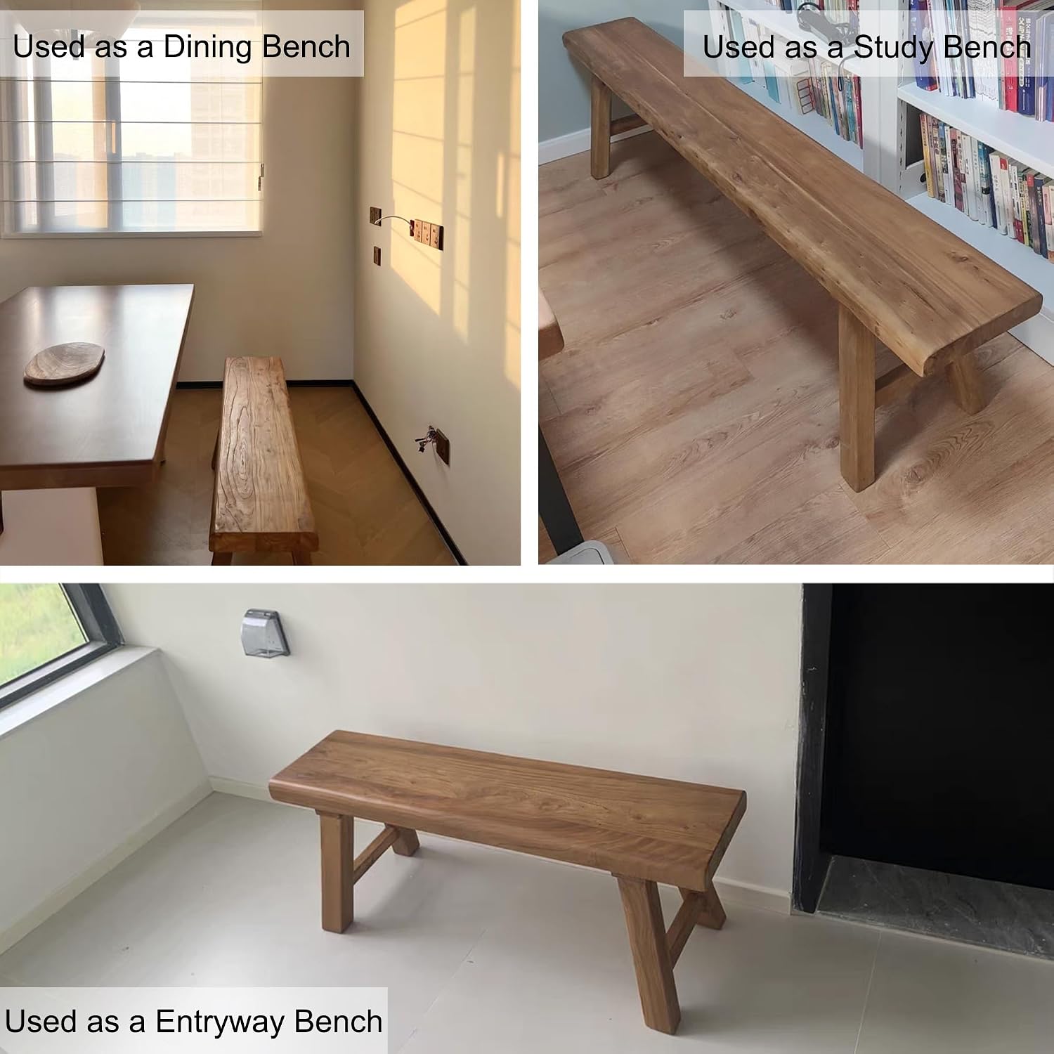 Farmhouse Entryway Dining Wood Bench Seat Furniture Wooden End of Bed Bench for Bedroom Indoor Dining Table Entry Narrow Kitchen Bench Solid Wood Sturdy and Stable(120cm(47.2in))