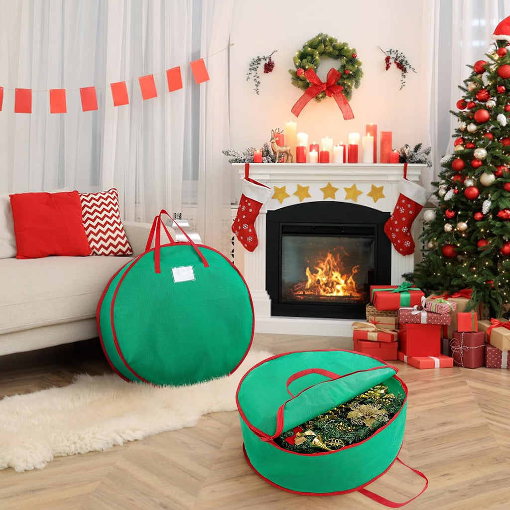 2 Pack Christmas Wreath Storage Container Bag 24", Card Slot Durable Handles and Double Zipper Storage Containers and to Protect Artificial Garland - Green