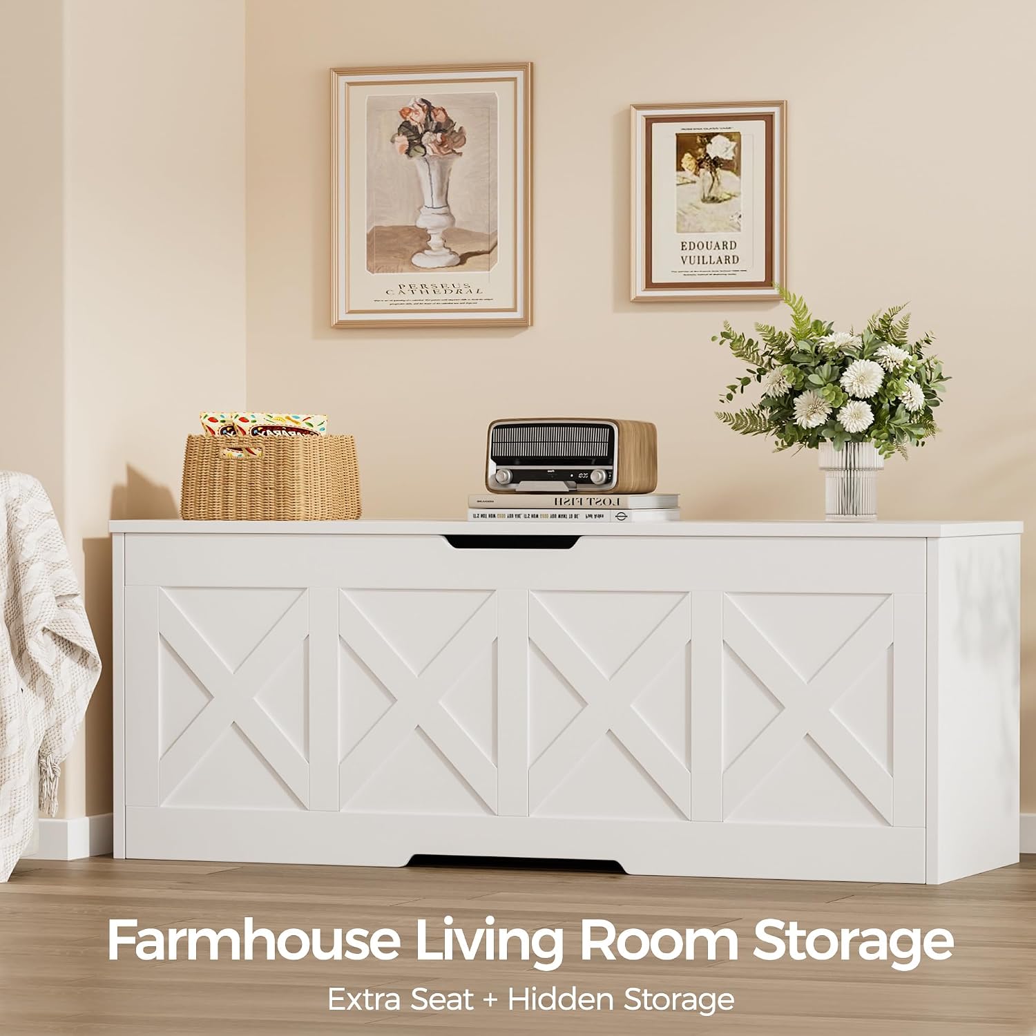 Homleke 47.2" Extra-Large Wooden Storage Chest – Farmhouse Toy Box, Entryway Bench, Bedroom Storage, Safety Hinge, Easy Assembly, White