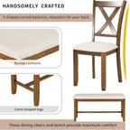 Merax 60" Farmhouse Dining Table Set for 6, Wooden Rectangular Dining Kitchen Table with 4 Fabric Chairs & Bench, 6-Piece Dining Room & Living Room Furniture, Natural Cherry