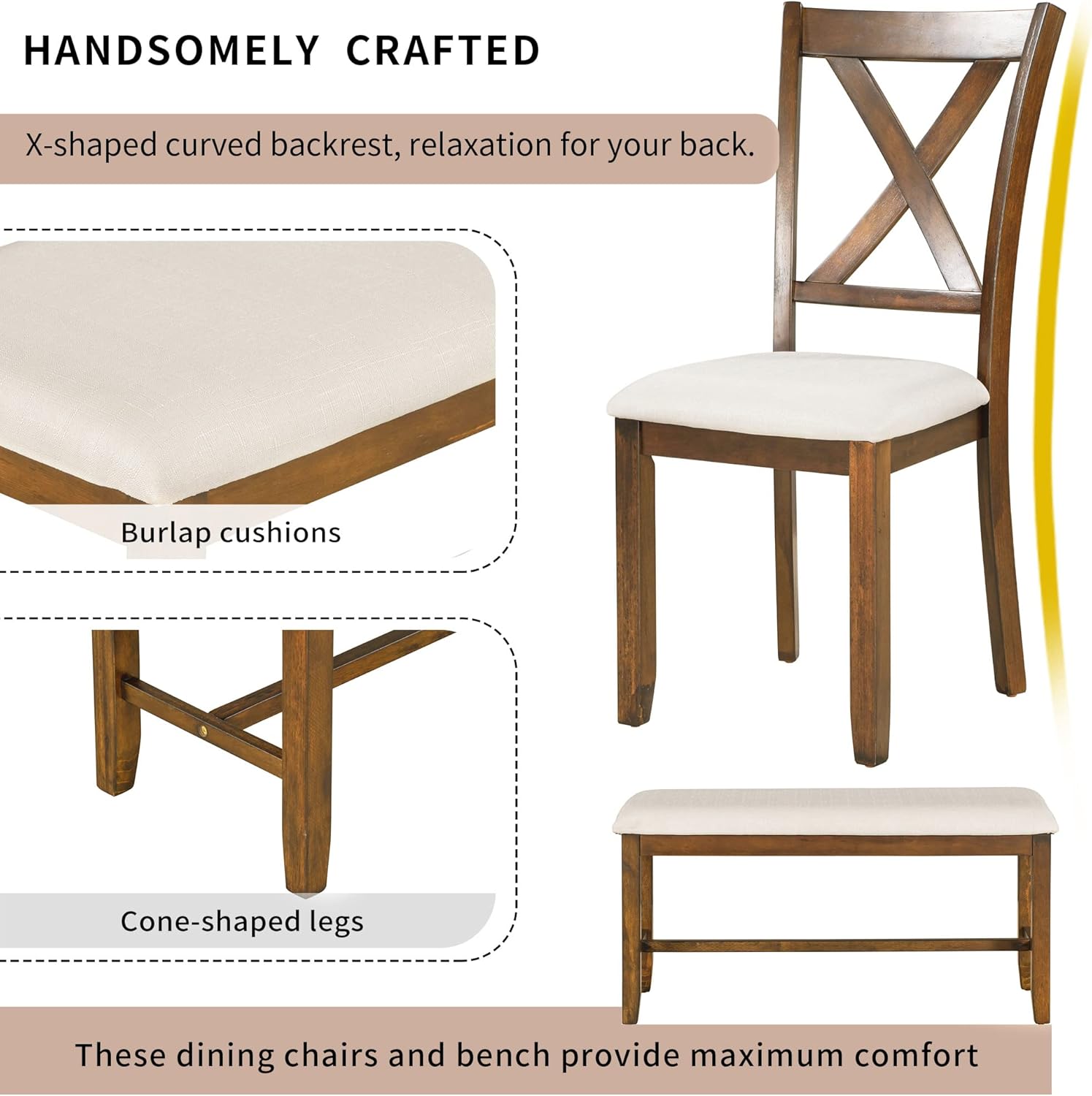 Merax 60" Farmhouse Dining Table Set for 6, Wooden Rectangular Dining Kitchen Table with 4 Fabric Chairs & Bench, 6-Piece Dining Room & Living Room Furniture, Natural Cherry