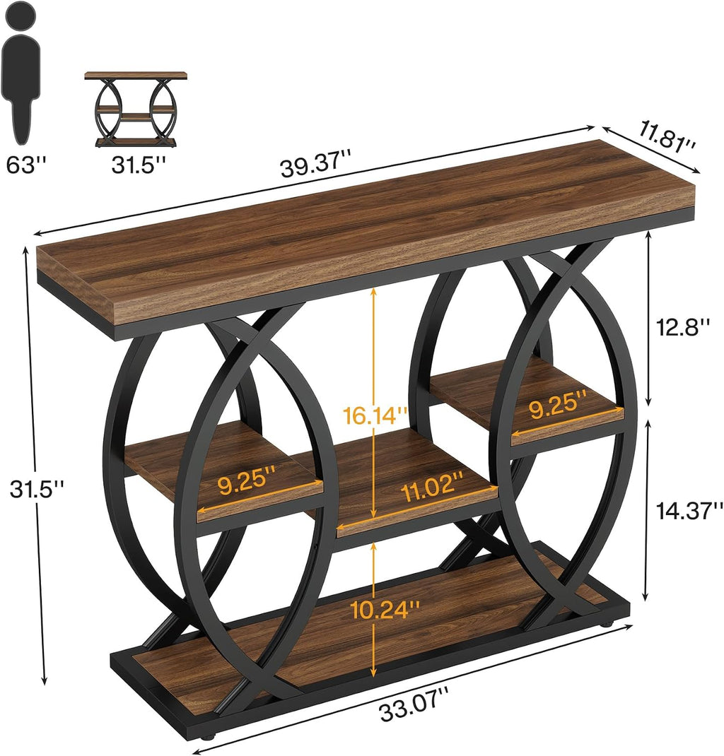 Tribesigns 39.4" Console Table, Sofa Table, Accent Tables, Rustic Brown | 4-Tier Storage Shelves, Wood Tabletop with Metal Frame, Industrial Style, For Narrow Entryway, Hallway, Behind the Couch