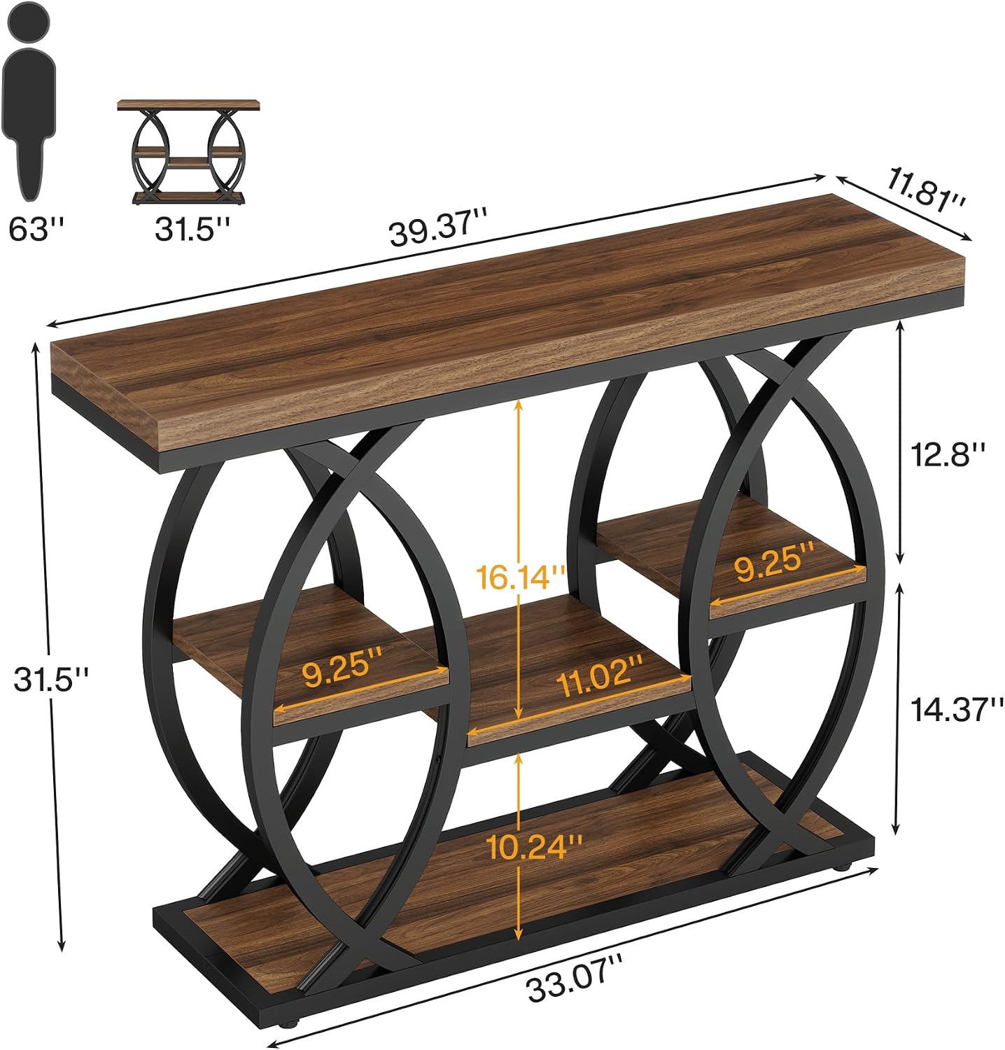 Tribesigns 39.4" Console Table, Sofa Table, Accent Tables, Rustic Brown | 4-Tier Storage Shelves, Wood Tabletop with Metal Frame, Industrial Style, For Narrow Entryway, Hallway, Behind the Couch