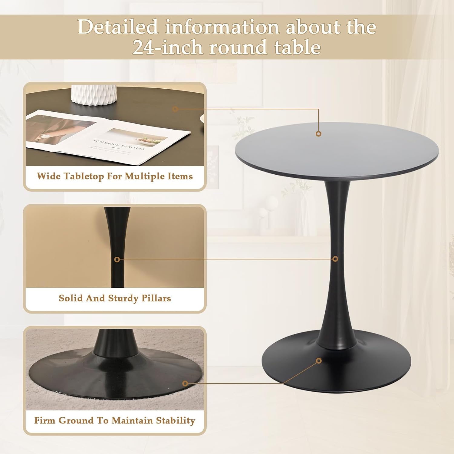 Dining Table and Dining Chair Set 23.6" Black Round Table&2 Boucle Upholstered Chairs for Kitchen Dining Room Small Space 3 Piece Dining Table and Chair Set (Black)