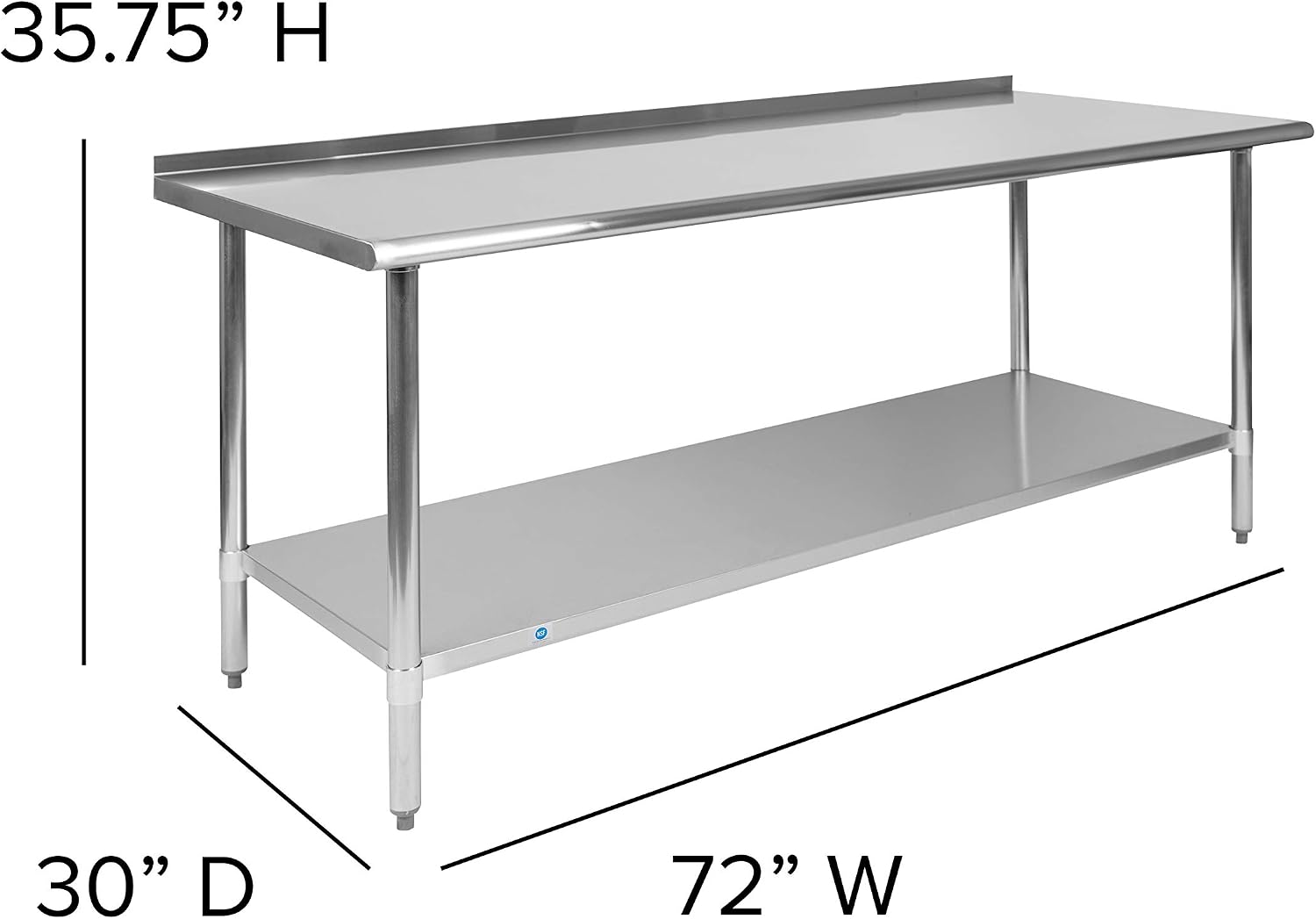 EMMA + OLIVER Stainless Steel 18 Gauge Kitchen Prep and Work Table with Backsplash and Shelf, NSF - 72" W x 30" D