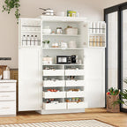 Freestanding Kitchen Pantry Cabinet, Tall Larder Cupboard Storage Cabinet with 4 Doors, 2 Door Shelves, 8 Pull-Out Trays and Adjustable Shelf for Dining Room