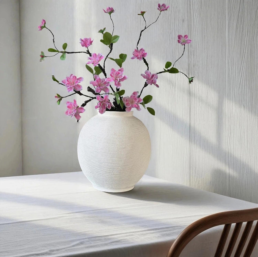 Large White Ceramic Vase, 10.8" Sandstone White | Round Rustic Table Vase, Farmhouse Style, Minimalist Hand-made, Textured, Home Decor