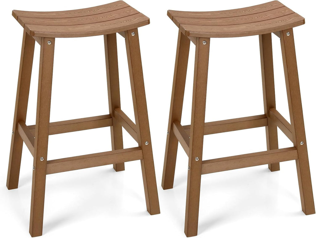 Weatherproof Bar Stools Set of 2, 28" Height Outdoor Bar Stools Holds up to 400 lbs, Saddle Seat, Bar Height Stools for Patio, Garden, and Kitchen Island, Teak