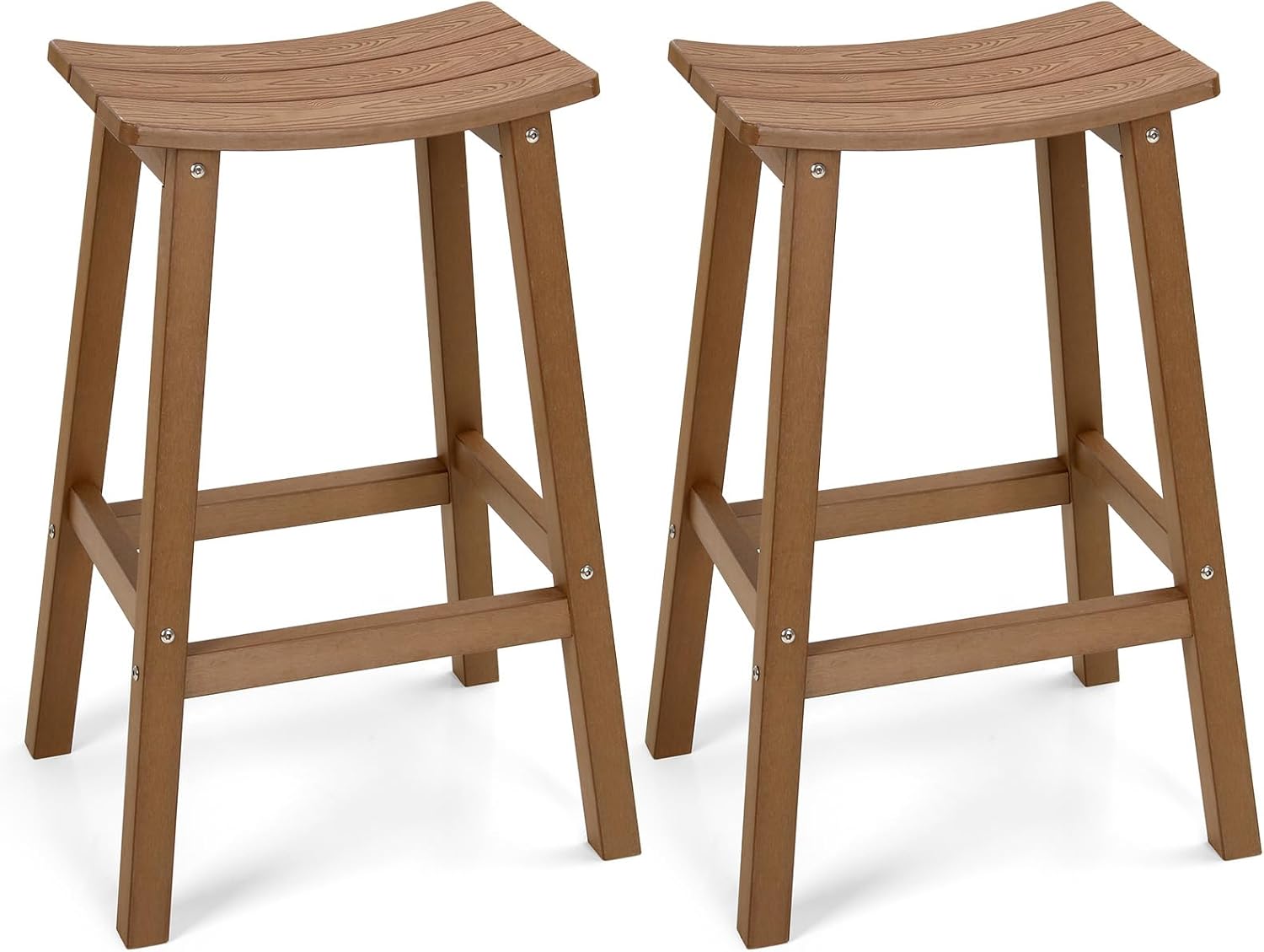 Weatherproof Bar Stools Set of 2, 28" Height Outdoor Bar Stools Holds up to 400 lbs, Saddle Seat, Bar Height Stools for Patio, Garden, and Kitchen Island, Teak