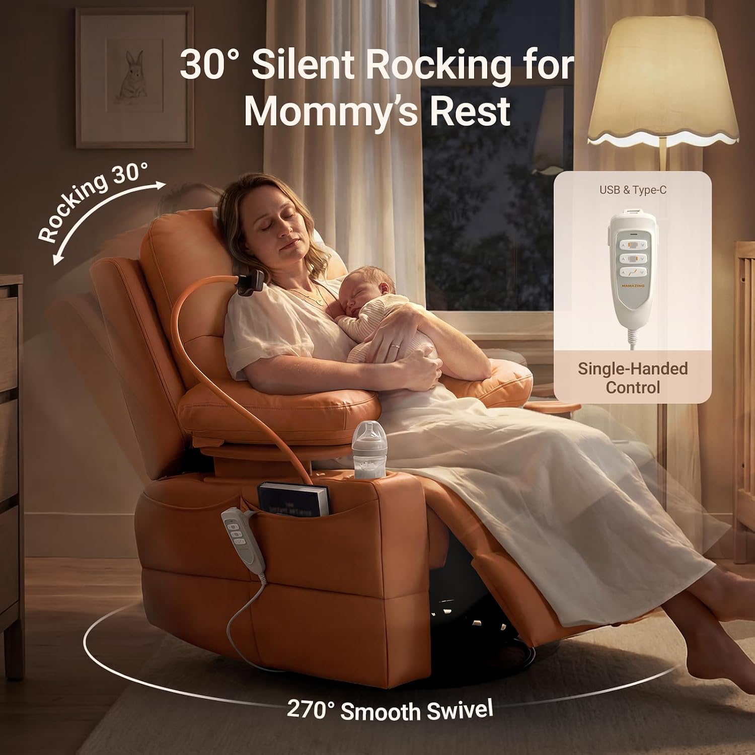 MAMAZING Lullapod Power Nursery Rocking Chair with HugAssist Armrest | Triple Motor Power Nursing Recliner with 270° Swivel Glider & Quiet Rocking, Dual Charging Ports & Built-In Storage
