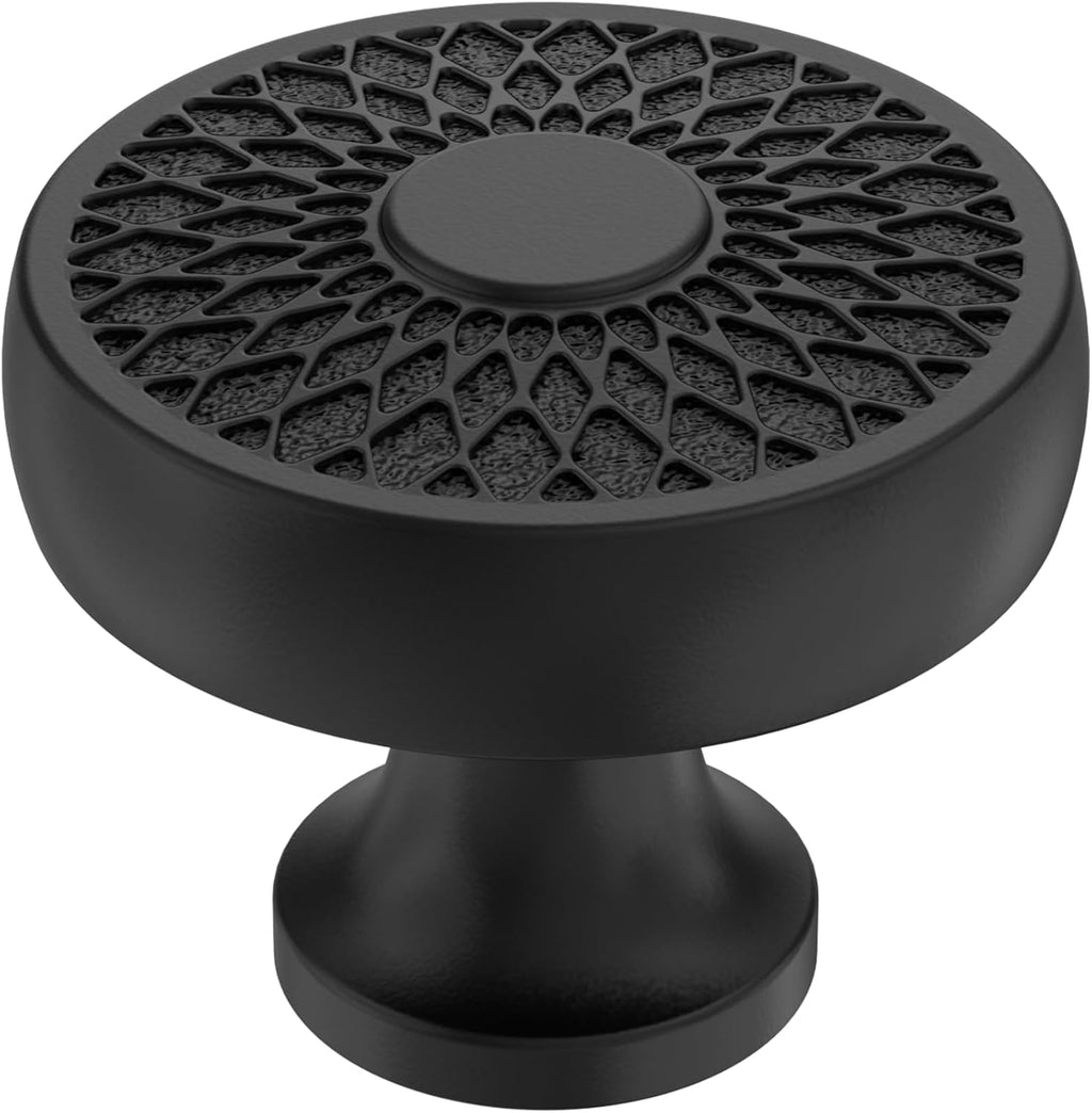 Alzassbg Round Cabinet Knobs, Matte Black, 1.4 Inch Diameter, Decorative Filigree Pattern, Kitchen and Drawer Hardware, 10 Pack, AL0001MB