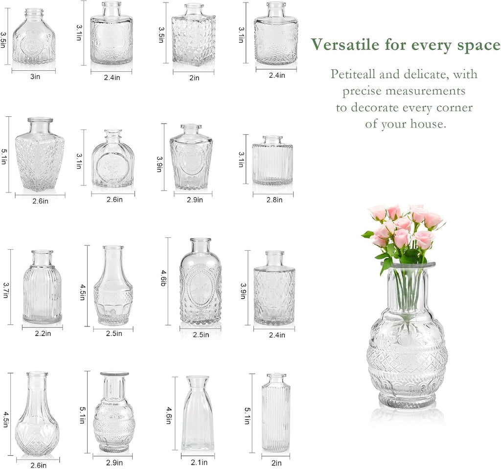 Cieex 16pcs Glass Bud Vase, Small Vase for Flower, Clear Flower Vases for Centerpieces, Mini Vintage Vase in Bulk for Wedding Table Home Decoration
