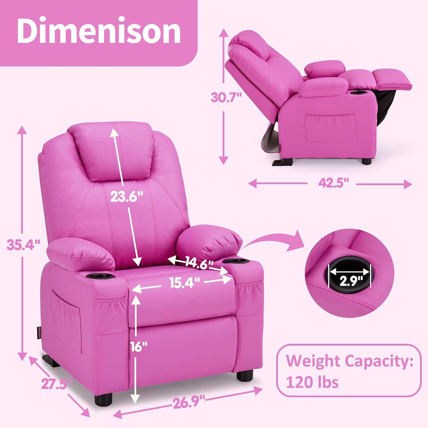 MCombo Big Kids Recliner for Ages 3+, Child Reclining Chair, Toddlers Recliner Sofa with Cup Holders (Faux Leather, Pink)