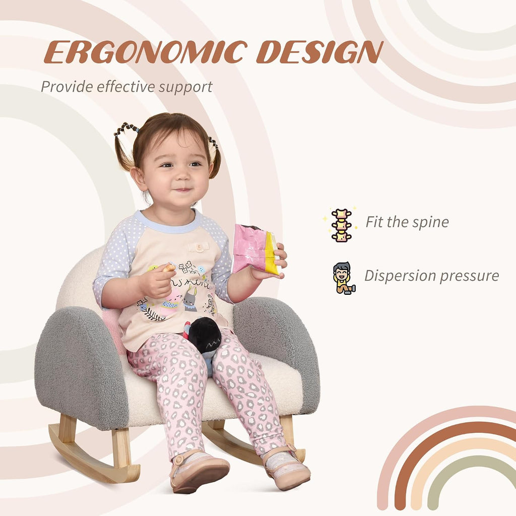 Qaba Kids Sofa, Toddler Rocking Chair with Solid Wooden Frame, Faux Lamb Fleece Fabric, Kids Arm Chair for Nursery or Playroom, Ages 18-36 Months, Gray