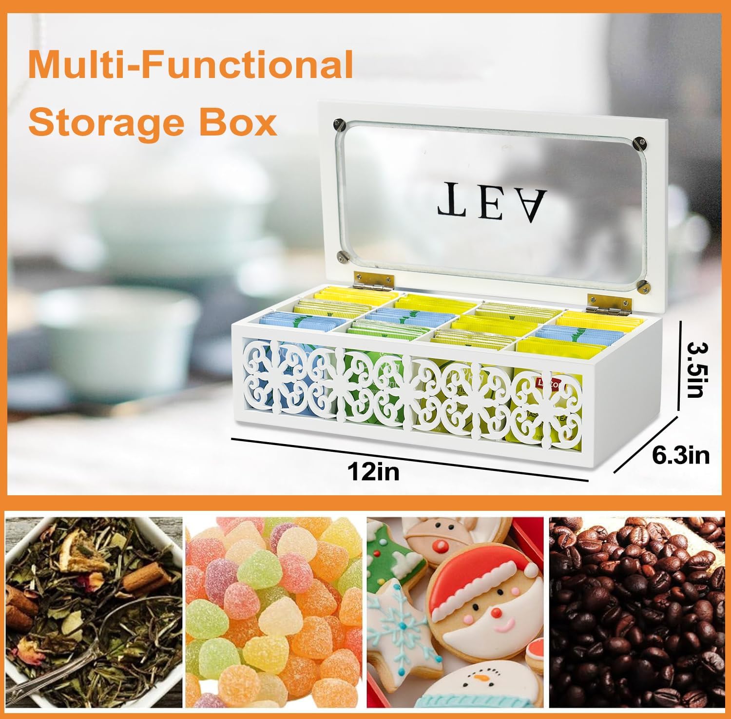 Wooden Tea Box,12 Compartments Tea Organizers and Storage,Decorative Tea Bag Holder Organizer with Clear Top for Countertop Kitchen Cabinet Pantry