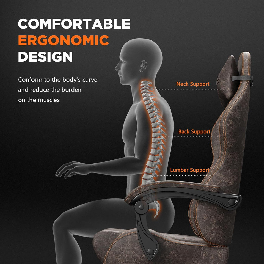 Ferghana Vintage PU Leather Gaming Chair, High Back Gamer Chair with Massage, Ergonomic Computer Office Chair with Footrest for Adults, Racing Style Reclining Video Game Chair Brown